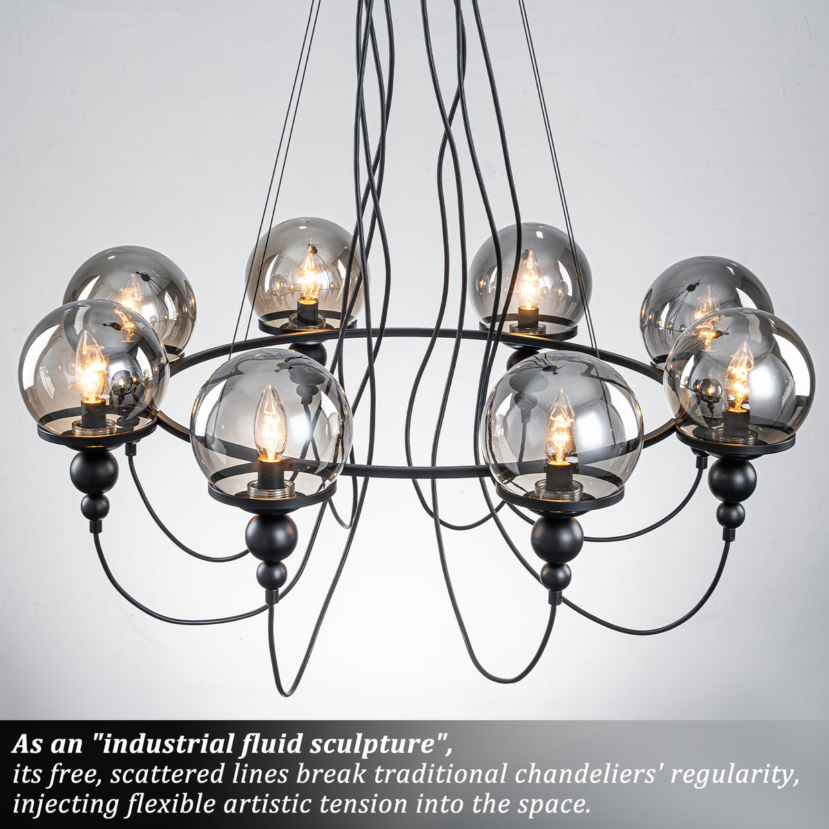 8-Light Black Metal Rings Chandelier Industrial Smoky Glass Globe - product image 10 | Zenvolit