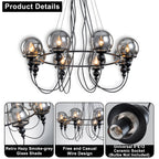 8-Light Black Metal Rings Chandelier Industrial Smoky Glass Globe - product image 11 | Zenvolit