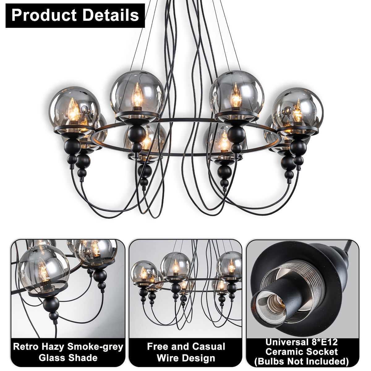 8-Light Black Metal Rings Chandelier Industrial Smoky Glass Globe - product image 11 | Zenvolit