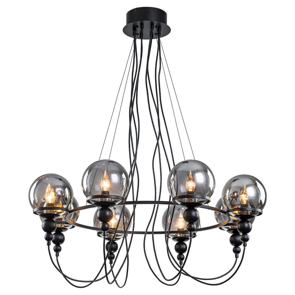 8-Light Black Metal Rings Chandelier Industrial Smoky Glass Globe - product image 12 | Zenvolit