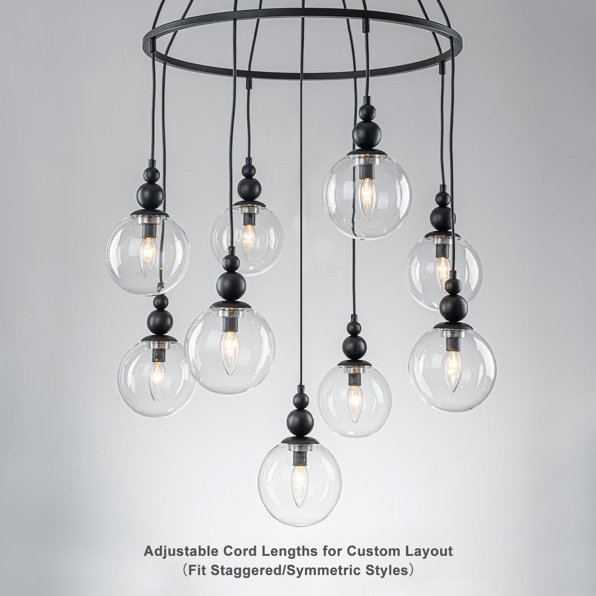 Black Metal Ring Chandelier with Clear Glass Globes Modern Pendant - product image 6 | Zenvolit