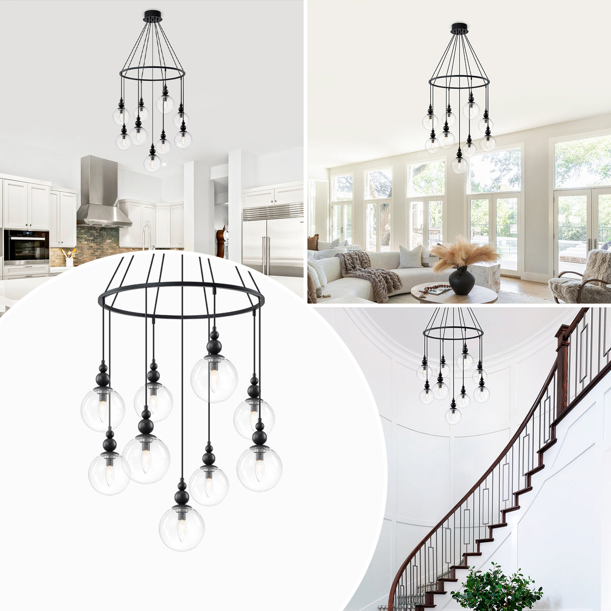 Black Metal Ring Chandelier with Clear Glass Globes Modern Pendant - product image 11 | Zenvolit