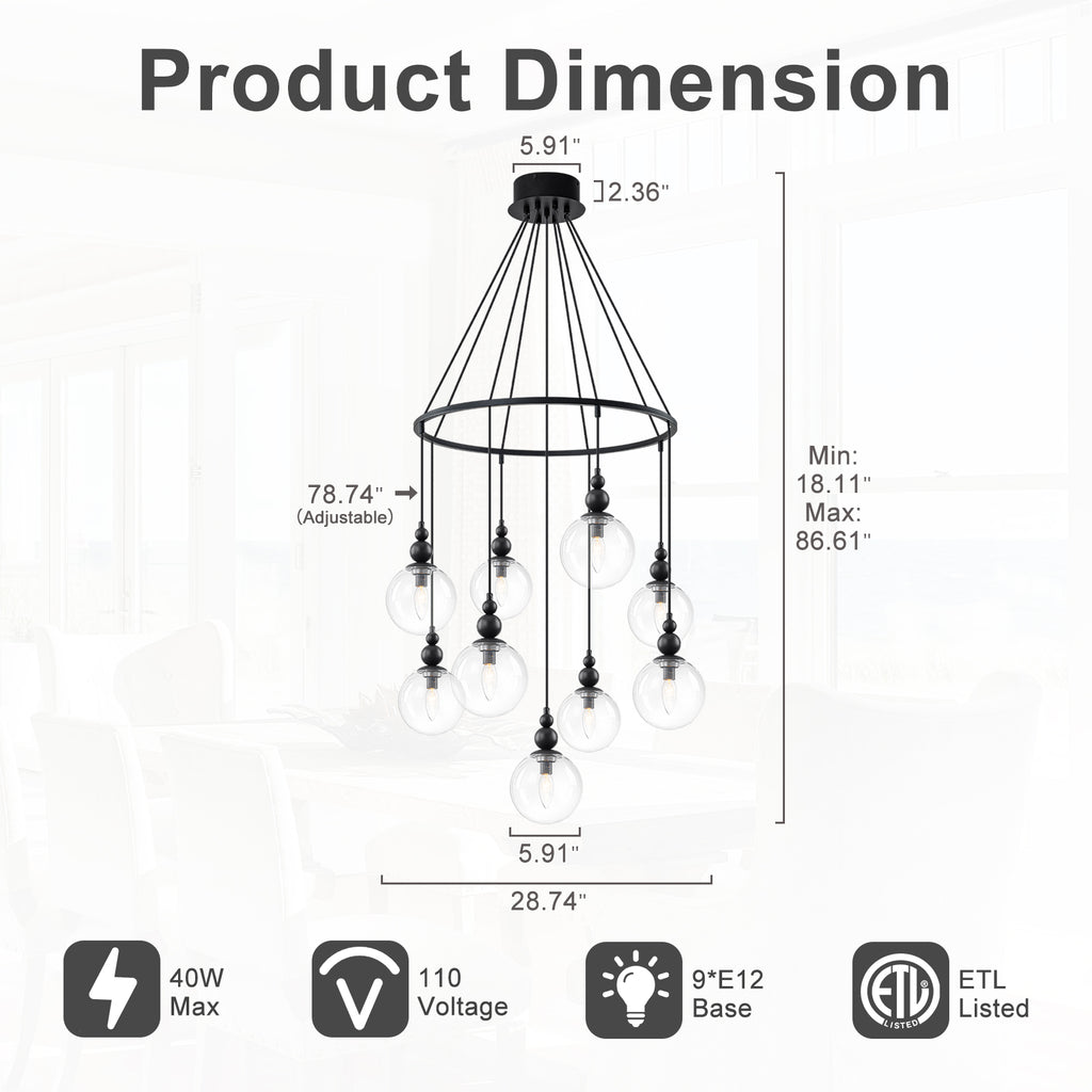 Black Metal Ring Chandelier with Clear Glass Globes Modern Pendant - product image 12 | Zenvolit