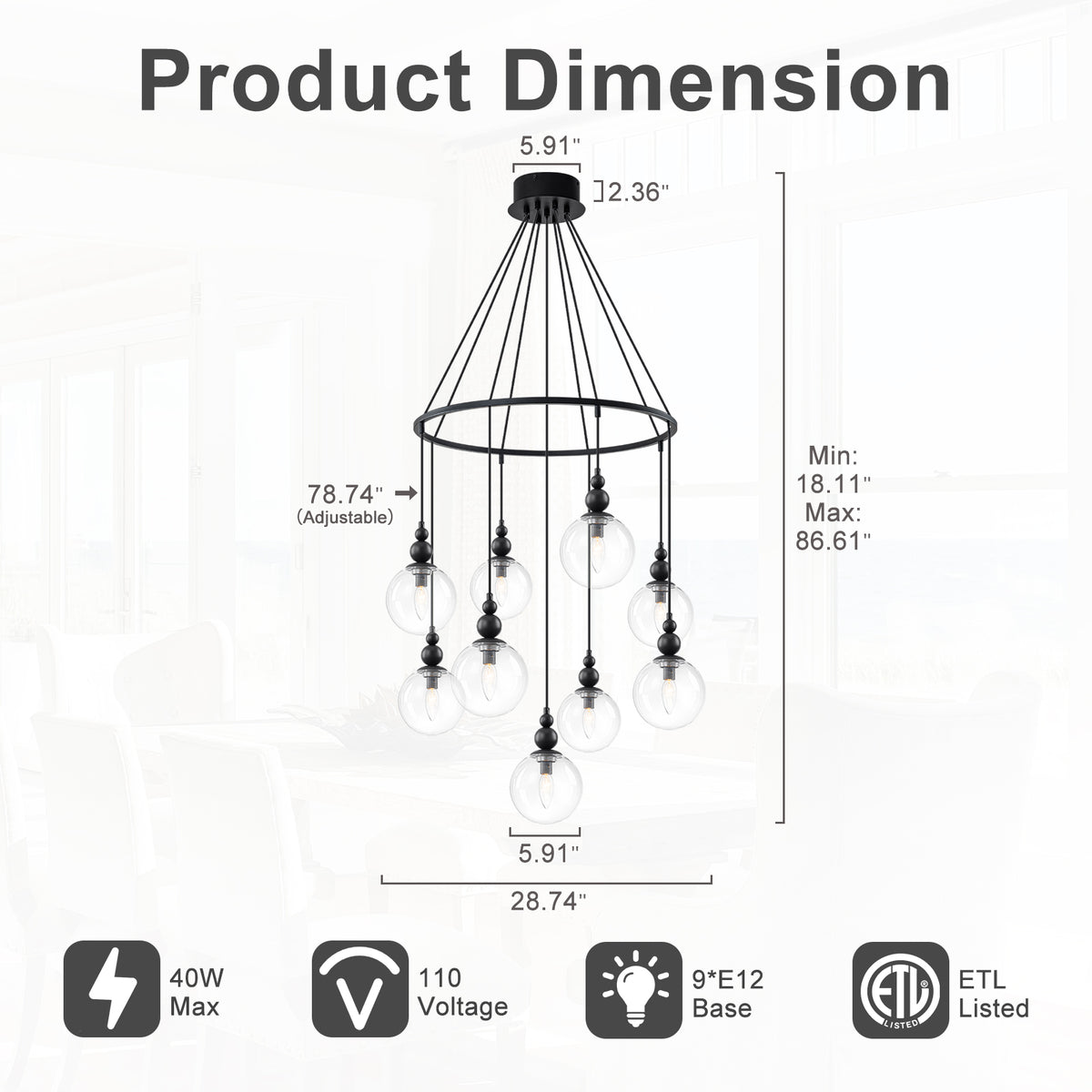 Black Metal Ring Chandelier with Clear Glass Globes Modern Pendant - product image 12 | Zenvolit