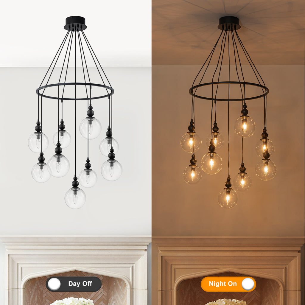 Black Metal Ring Chandelier with Clear Glass Globes Modern Pendant - product image 13 | Zenvolit