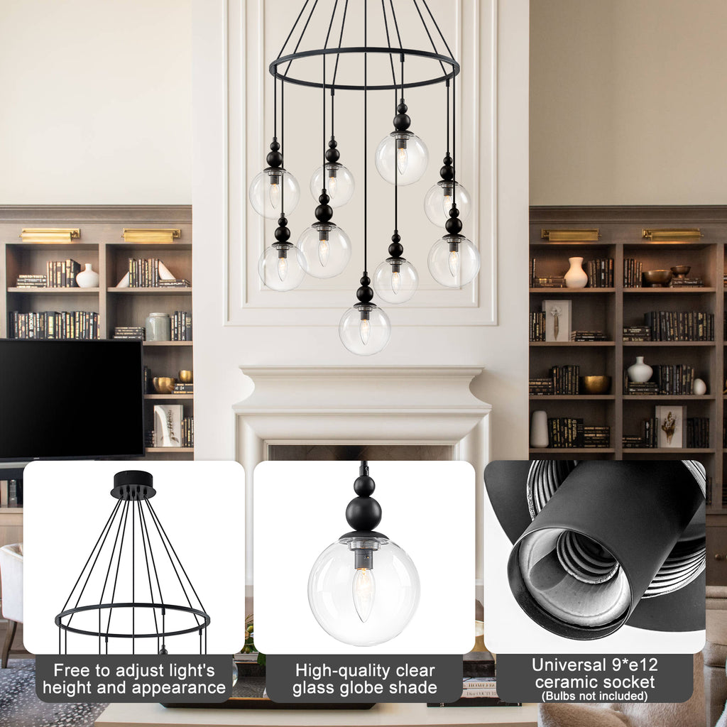 Black Metal Ring Chandelier with Clear Glass Globes Modern Pendant - product image 14 | Zenvolit