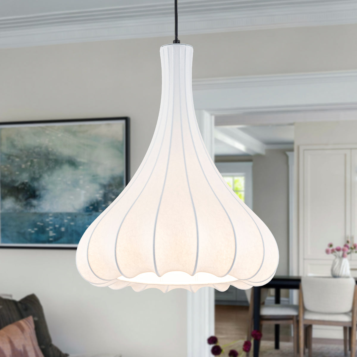 White Fluted Bell Fabric Pendant Light for Bedroom & Living Room - product image 1 | Zenvolit