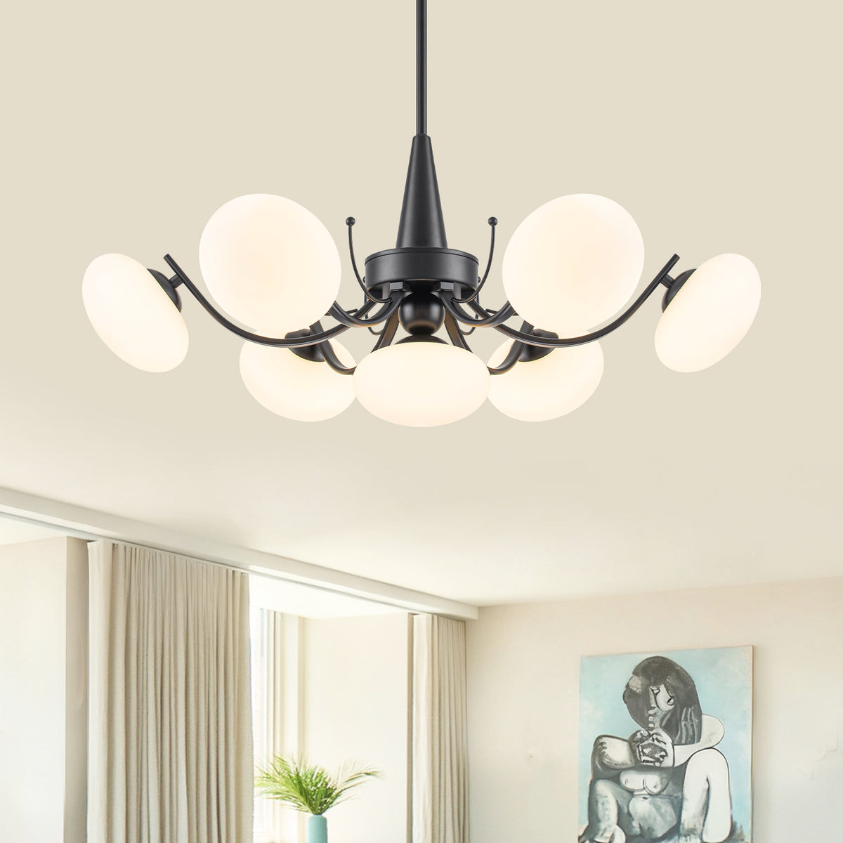 Black 7-Light Chandelier Opal Glass Globes Modern Semi-Flush Pendant - product image 1 | Zenvolit