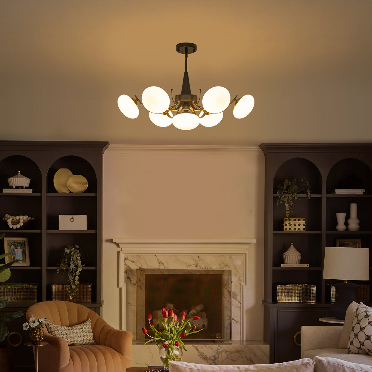 Black 7-Light Chandelier Opal Glass Globes Modern Semi-Flush Pendant - product image 6 | Zenvolit
