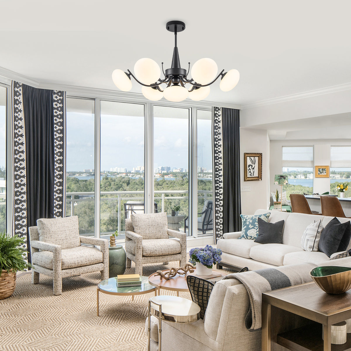 Black 7-Light Chandelier Opal Glass Globes Modern Semi-Flush Pendant - product image 9 | Zenvolit