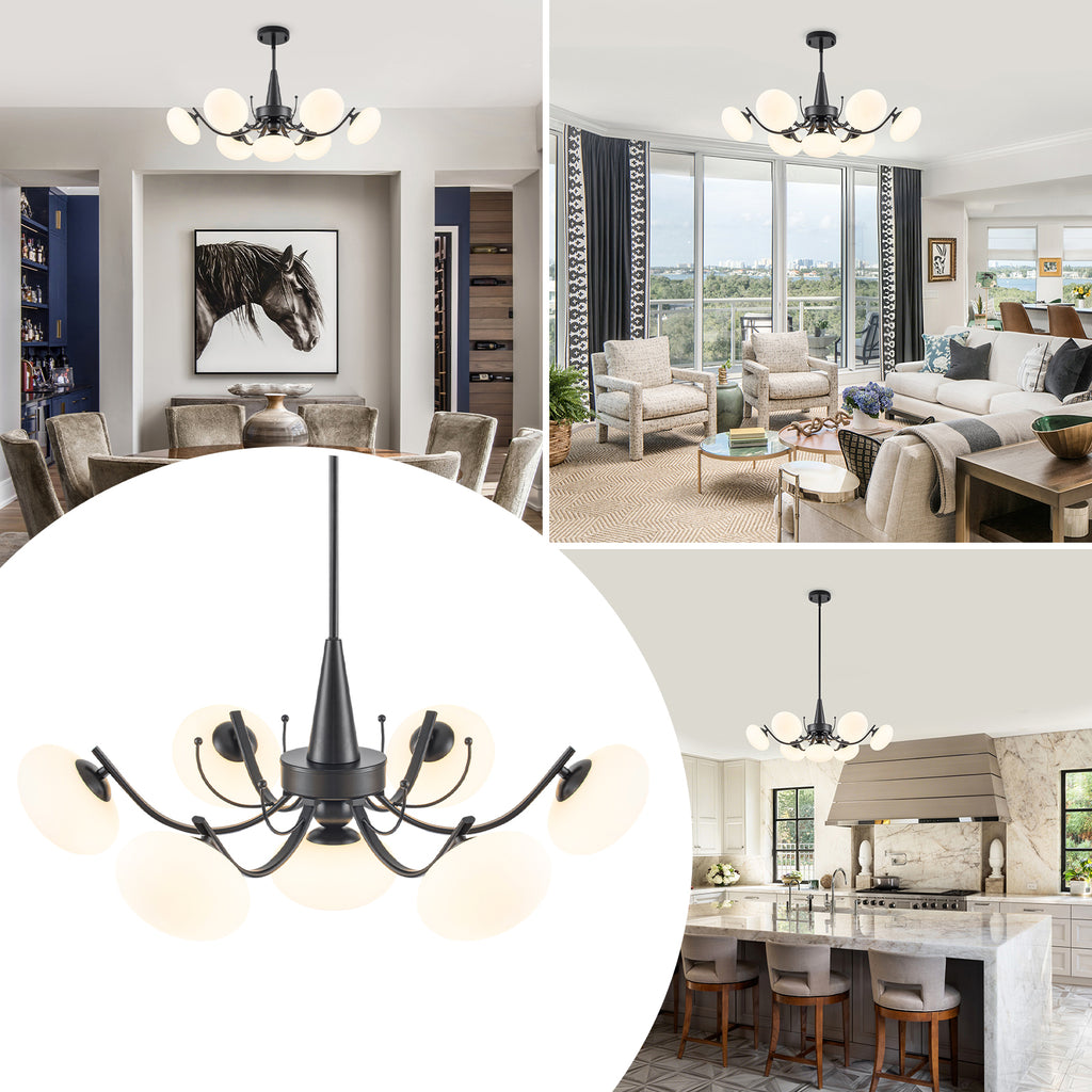 Black 7-Light Chandelier Opal Glass Globes Modern Semi-Flush Pendant - product image 10 | Zenvolit