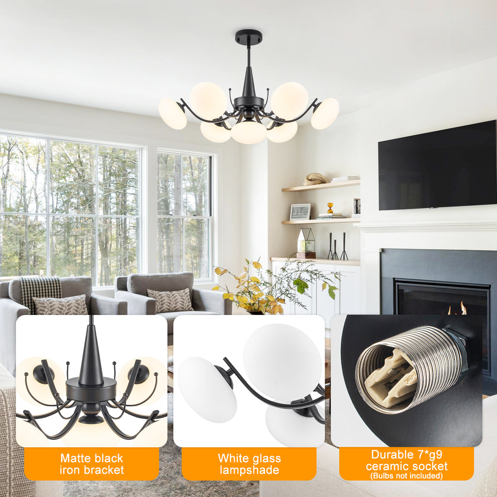 Black 7-Light Chandelier Opal Glass Globes Modern Semi-Flush Pendant - product image 13 | Zenvolit