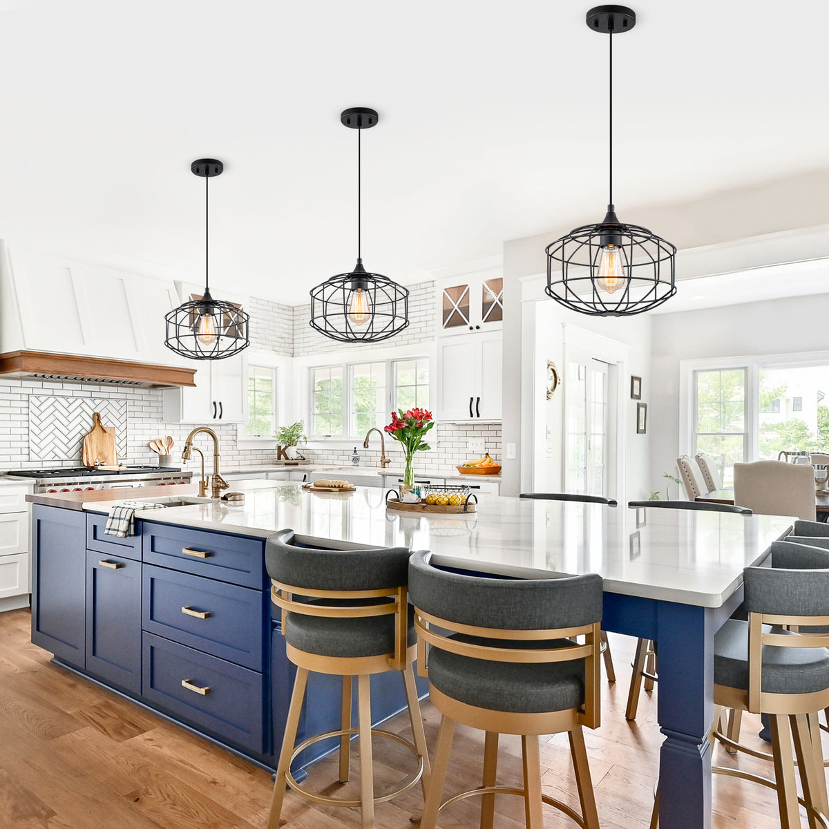 Matte Black Industrial Wire Cage Pendant Light for Kitchen & Dining