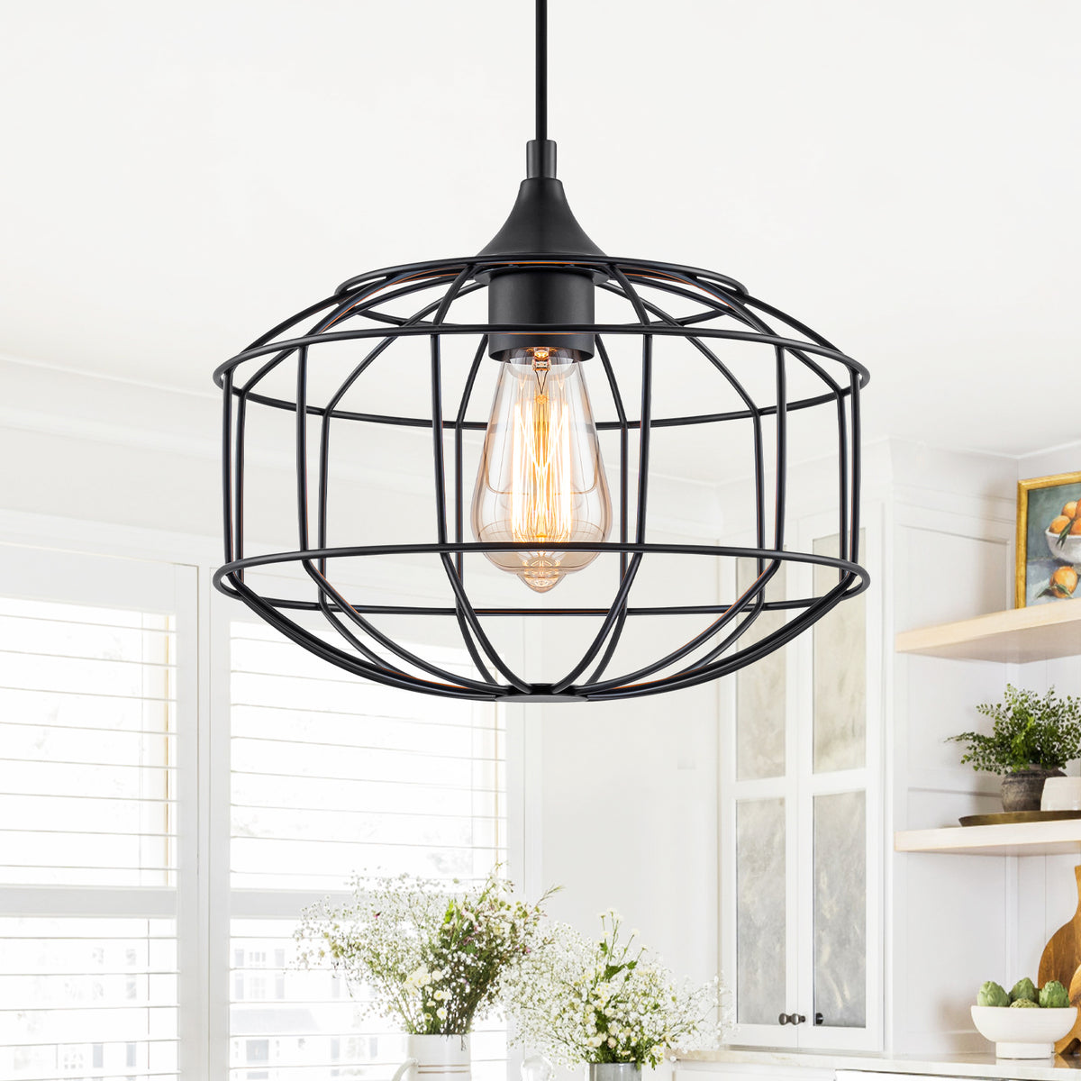 Matte Black Industrial Wire Cage Pendant Light for Kitchen & Dining