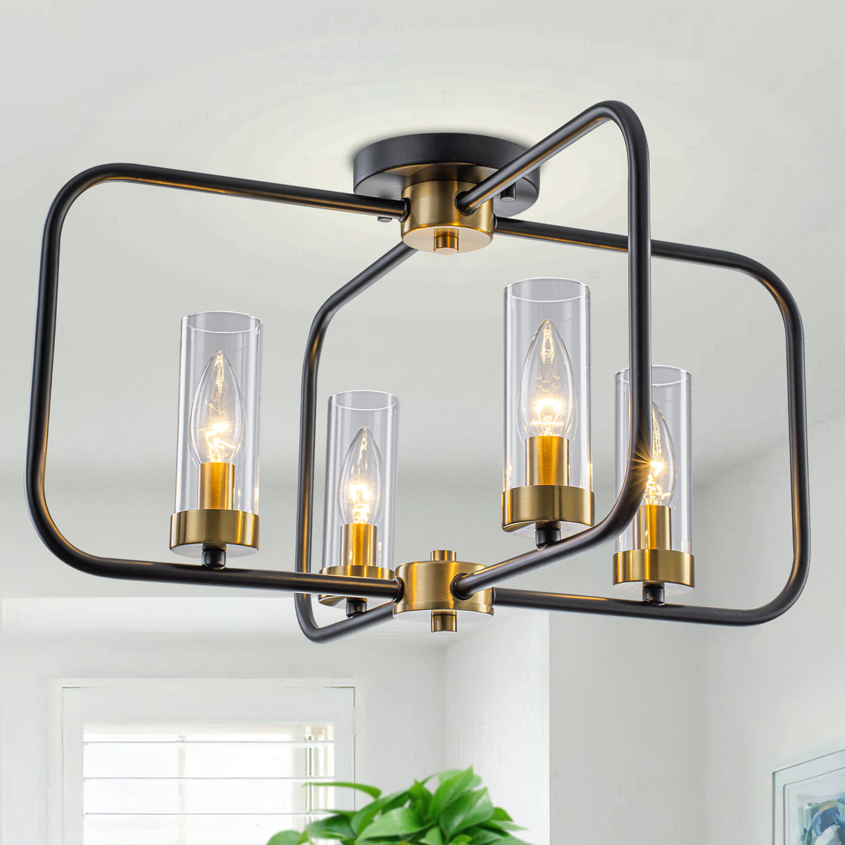 20.28 inch 4 Light Industrial Black Cross Metal Frame Flush Mount Ceiling Light with Clear Glass Tubes Shade - product image 1 | Zenvolit