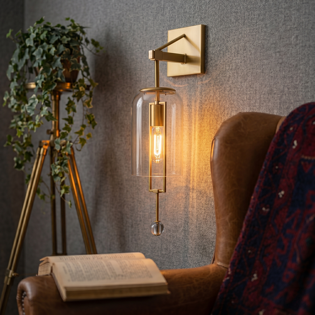 Modern Industrial Brushed Gold Wall Sconce Clear Cylinder Glass Shades - product image 2 | Zenvolit