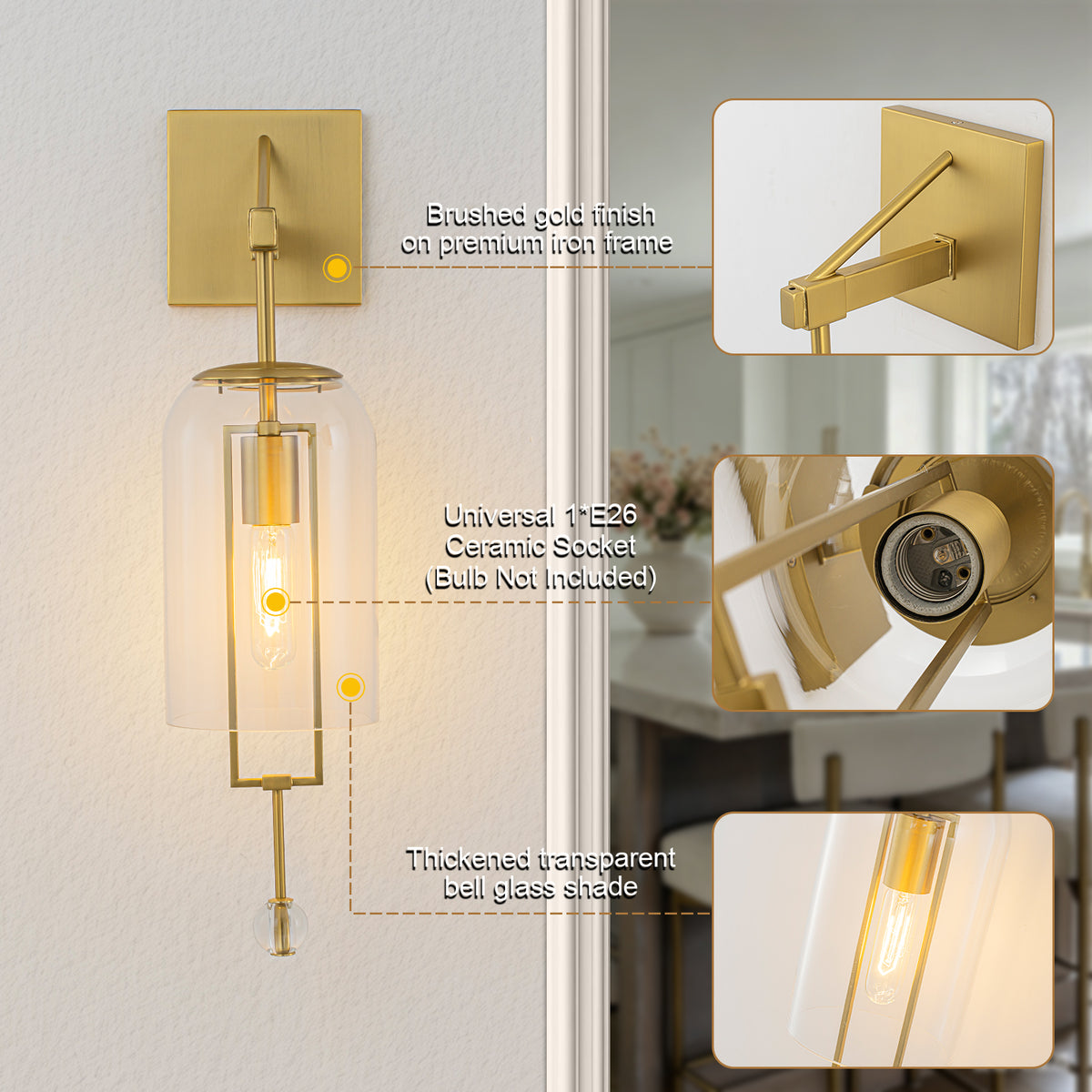 Modern Industrial Brushed Gold Wall Sconce Clear Cylinder Glass Shades - product image 3 | Zenvolit
