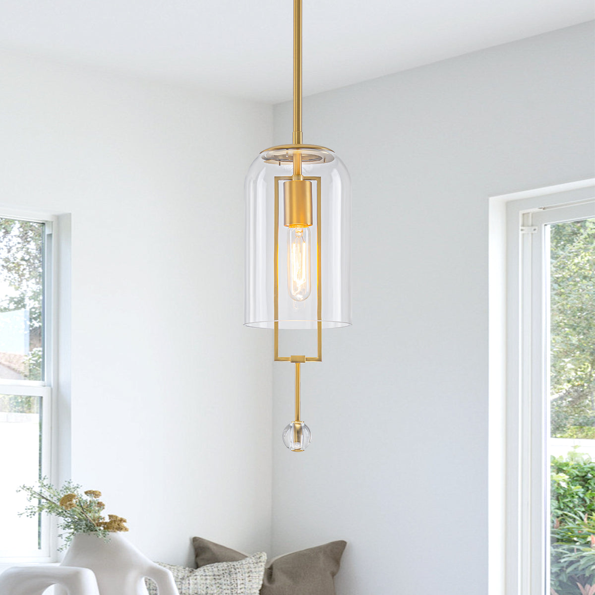 Modern Brushed Gold Pendant Light Cylinder Glass Shade Kitchen Island - product image 1 | Zenvolit