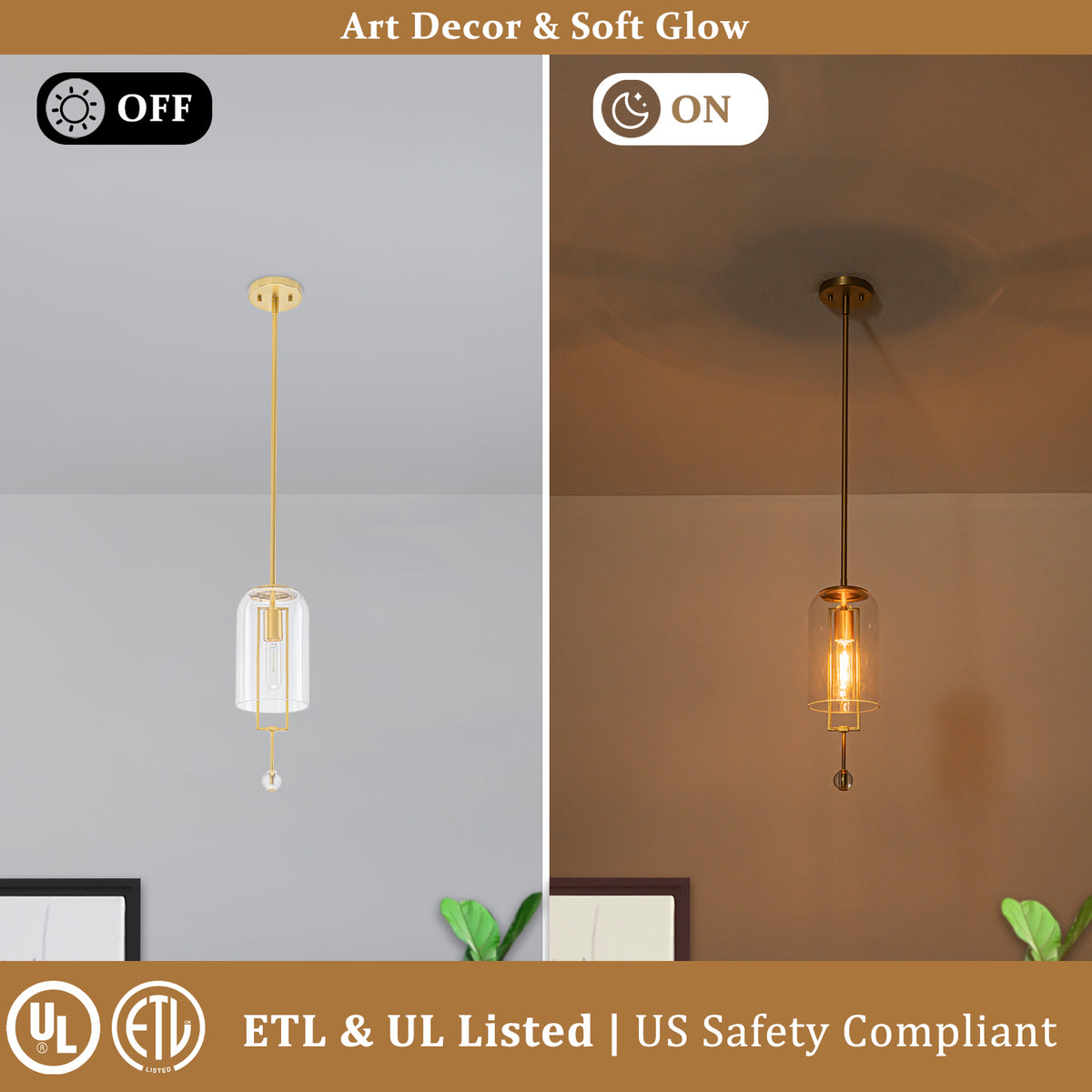 Modern Brushed Gold Pendant Light Cylinder Glass Shade Kitchen Island - product image 8 | Zenvolit