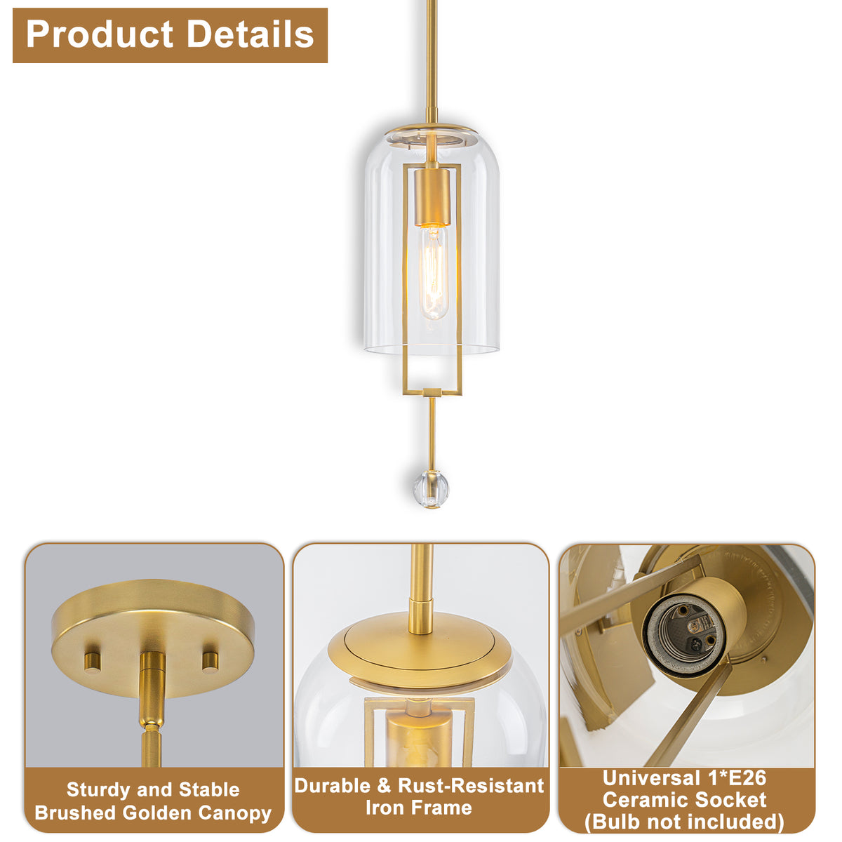 Modern Brushed Gold Pendant Light Cylinder Glass Shade Kitchen Island - product image 12 | Zenvolit