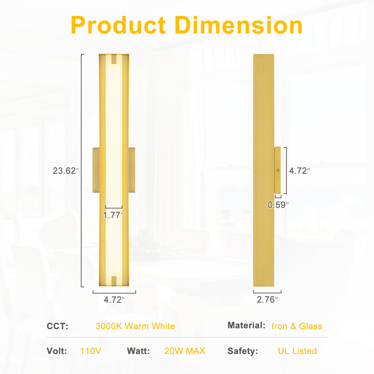 Brushed Gold Rectangular Linear LED Wall Sconce Flush Mount Fixture - product image 6 | Zenvolit