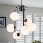Mid-Century Modern 6-Light Matte Black Chandelier Frosted Glass Globes - product image 1 | Zenvolit