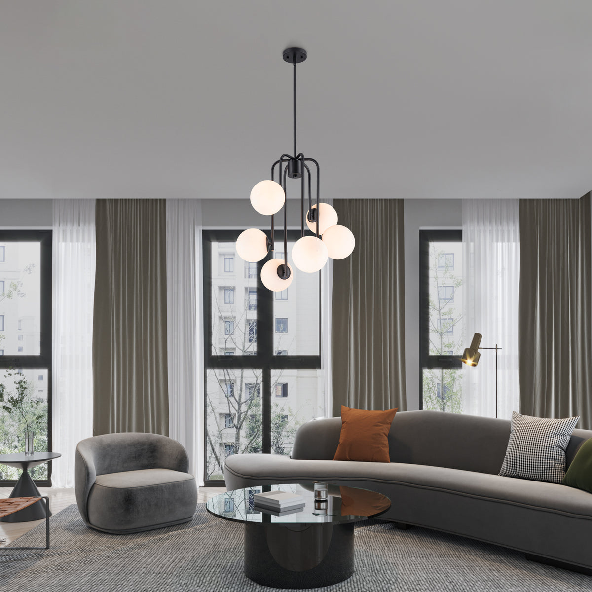 Mid-Century Modern 6-Light Matte Black Chandelier Frosted Glass Globes - product image 2 | Zenvolit