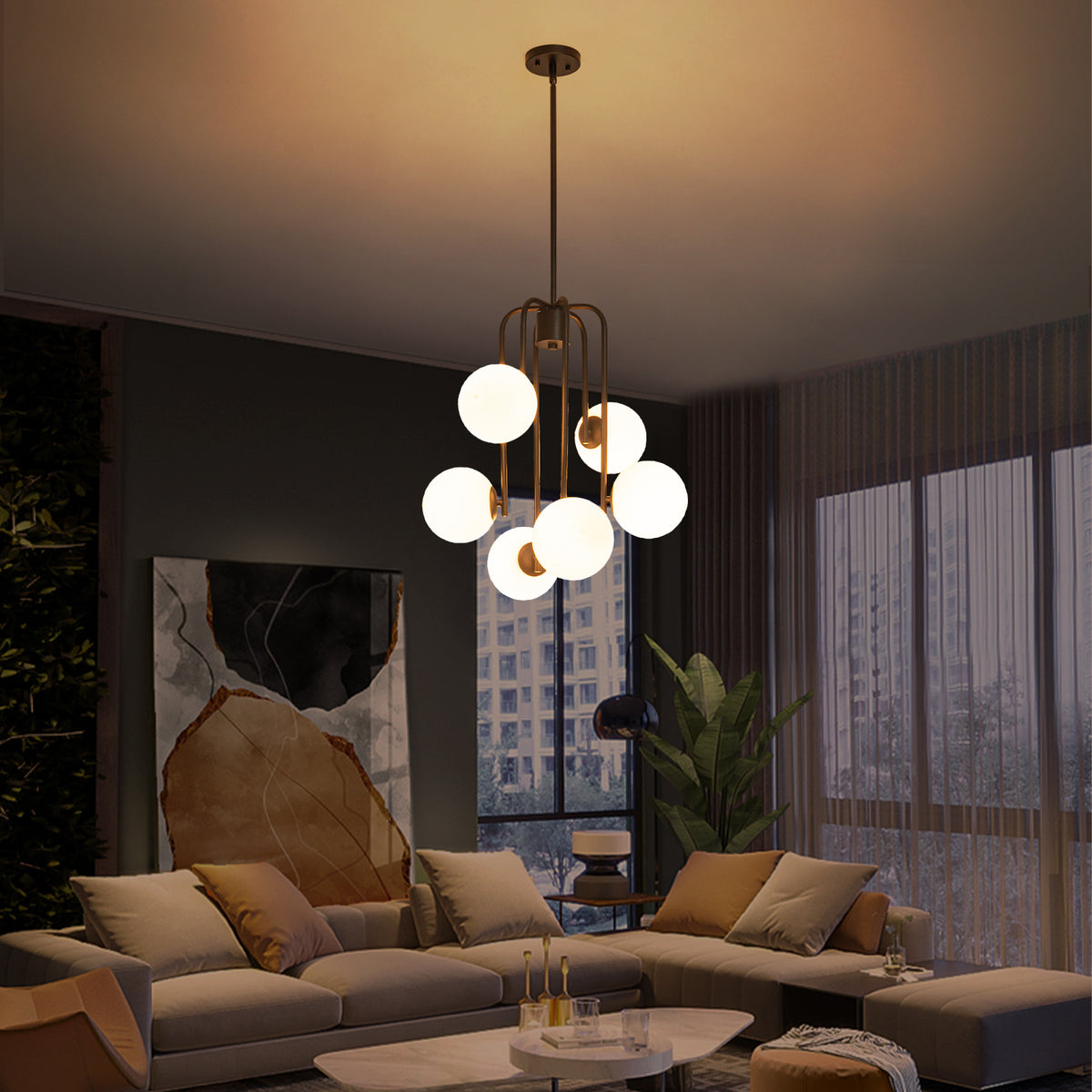 Mid-Century Modern 6-Light Matte Black Chandelier Frosted Glass Globes - product image 3 | Zenvolit