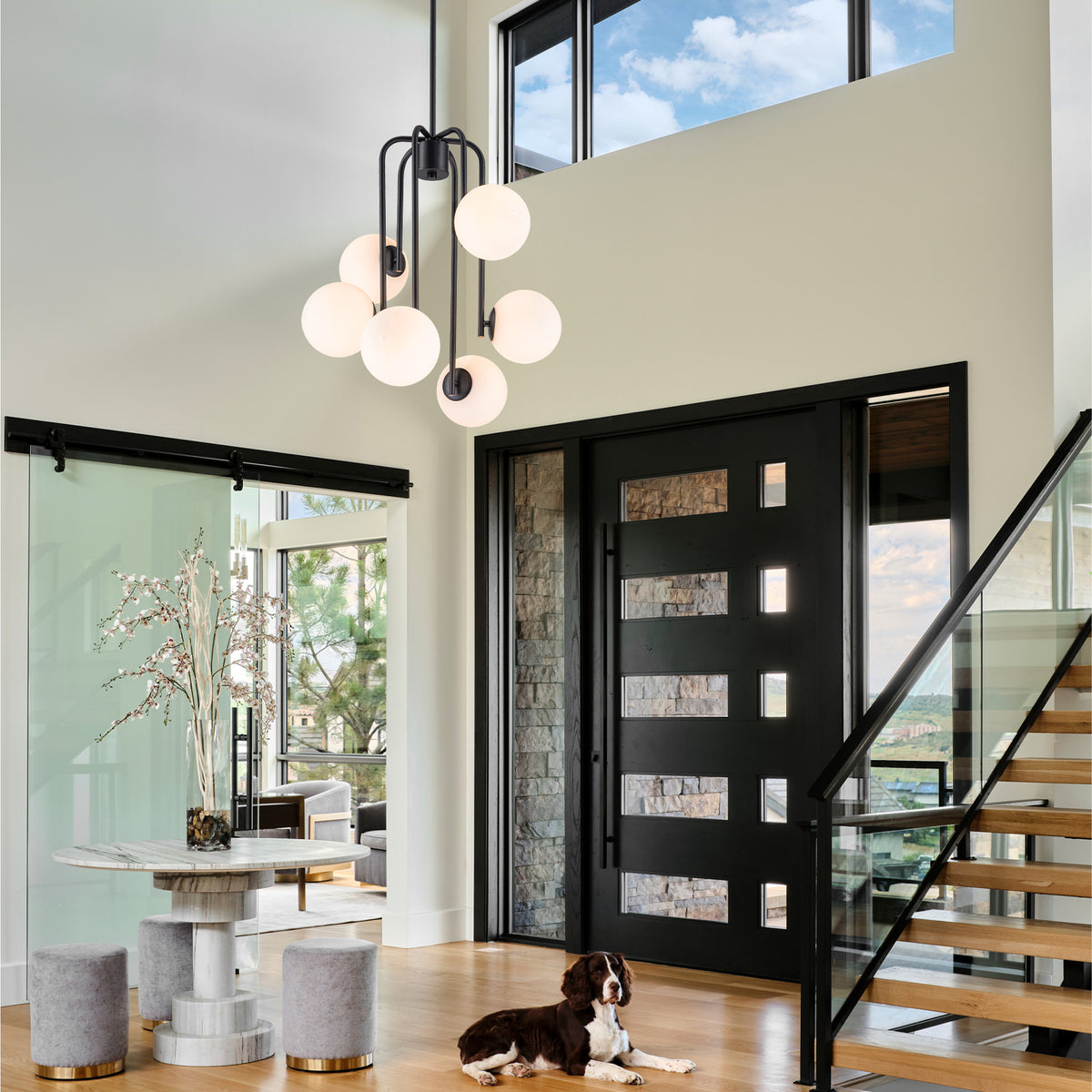 Mid-Century Modern 6-Light Matte Black Chandelier Frosted Glass Globes - product image 5 | Zenvolit