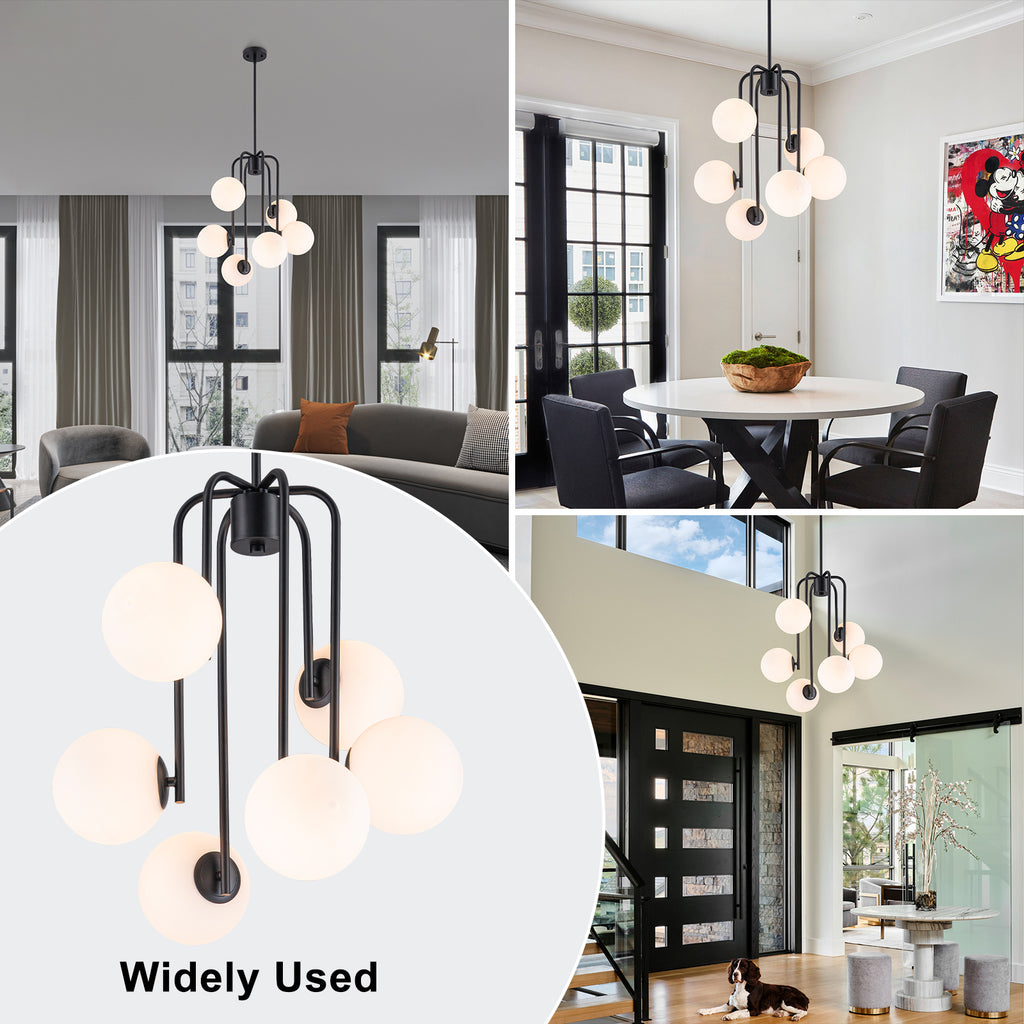 Mid-Century Modern 6-Light Matte Black Chandelier Frosted Glass Globes - product image 6 | Zenvolit