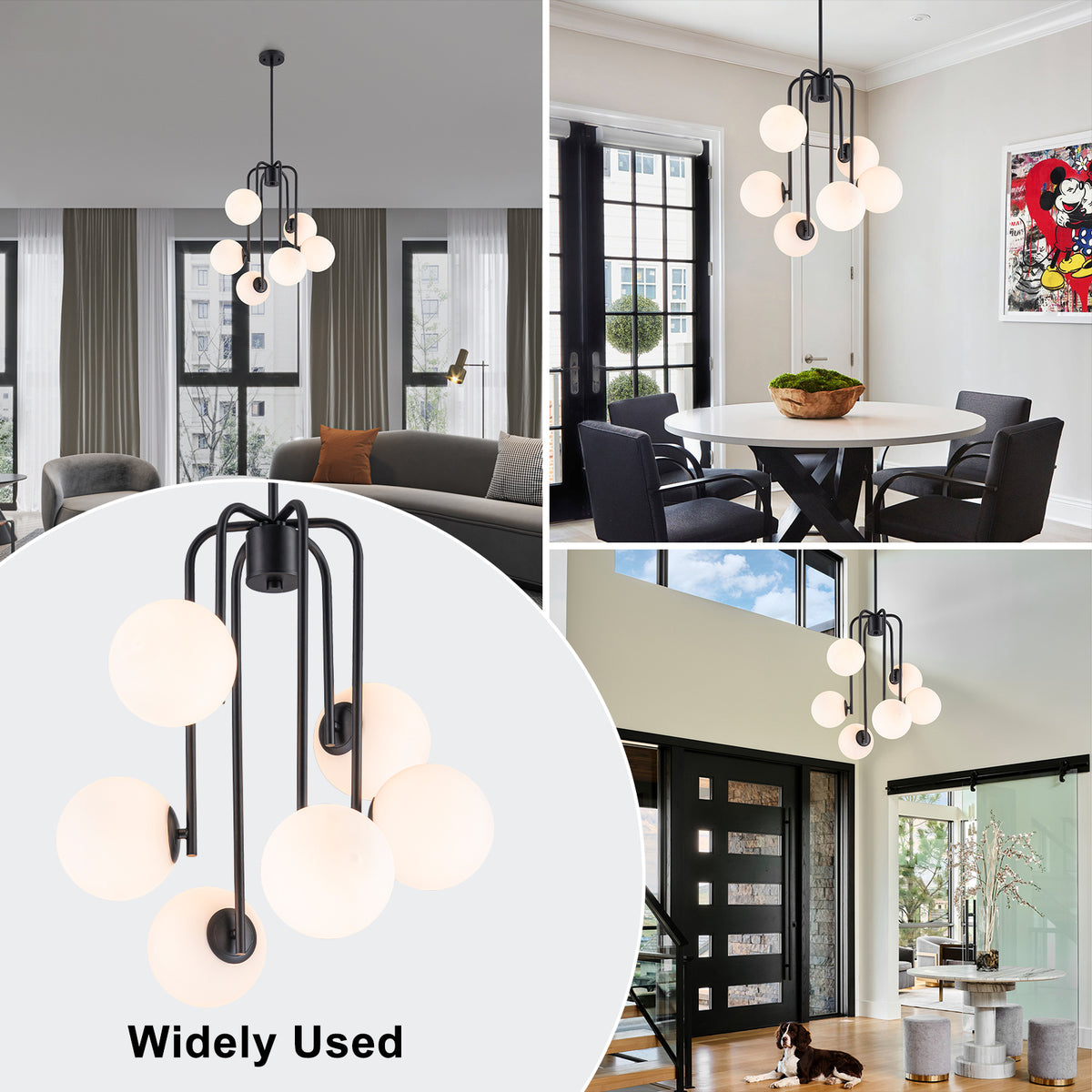 Mid-Century Modern 6-Light Matte Black Chandelier Frosted Glass Globes - product image 6 | Zenvolit