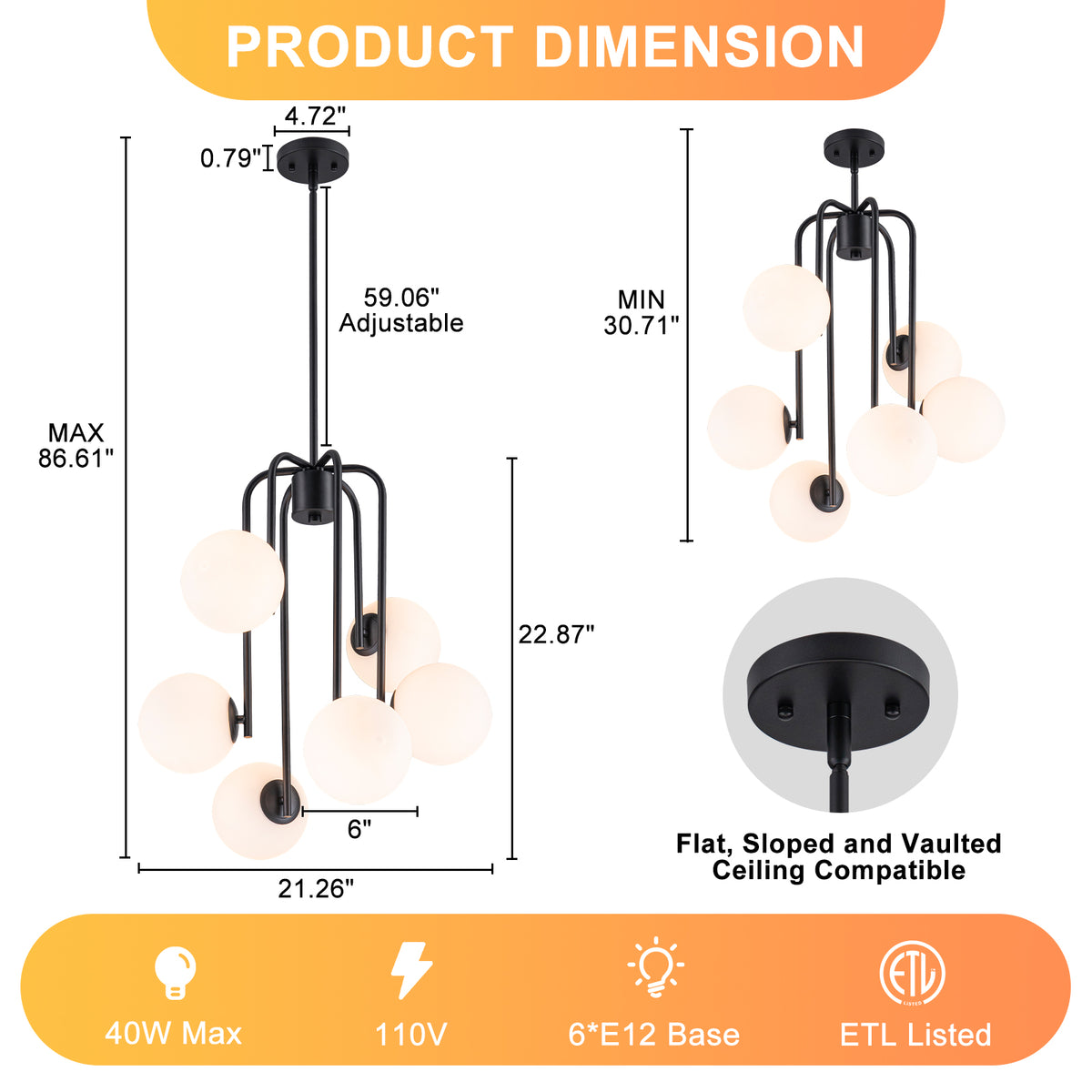 Mid-Century Modern 6-Light Matte Black Chandelier Frosted Glass Globes - product image 7 | Zenvolit