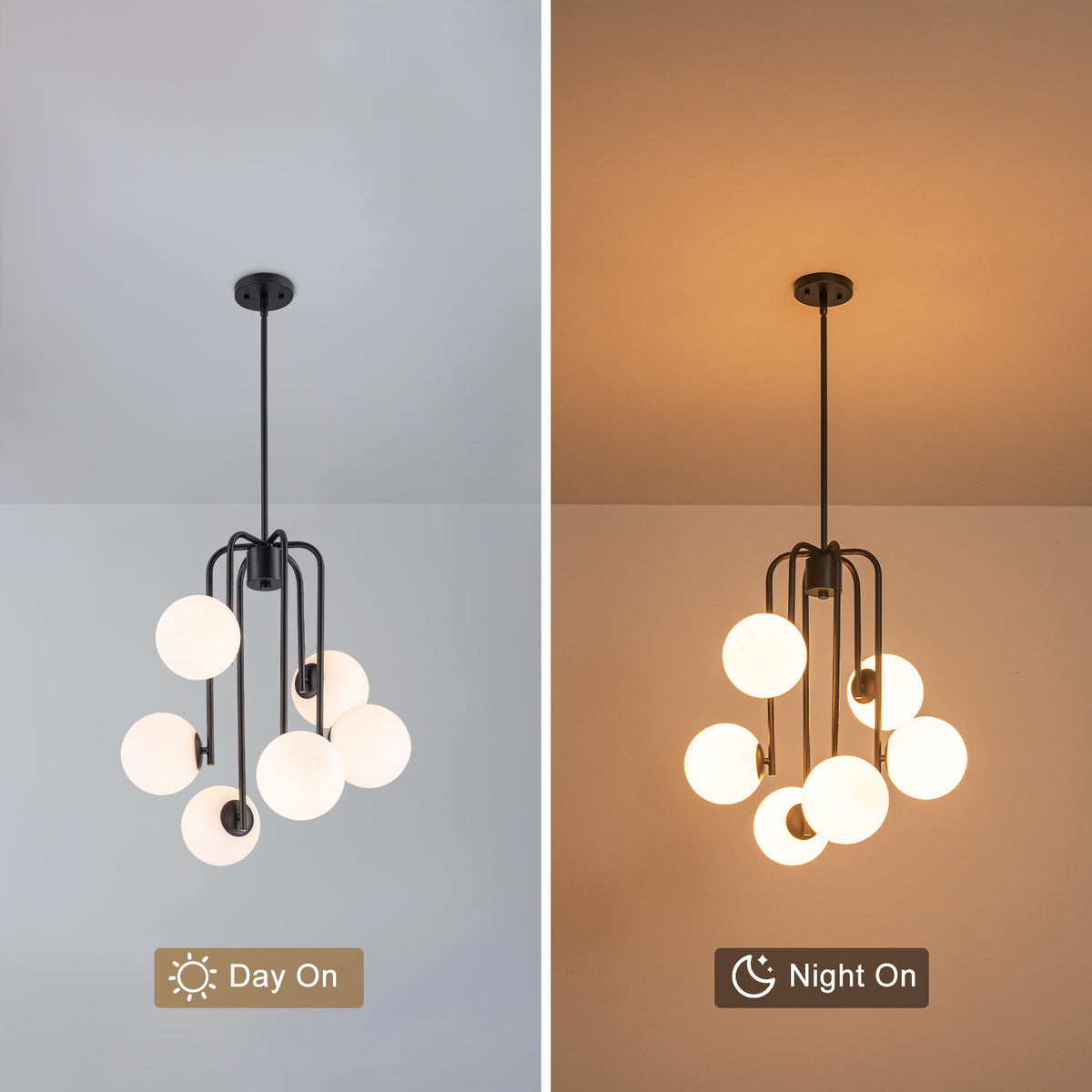 Mid-Century Modern 6-Light Matte Black Chandelier Frosted Glass Globes - product image 8 | Zenvolit