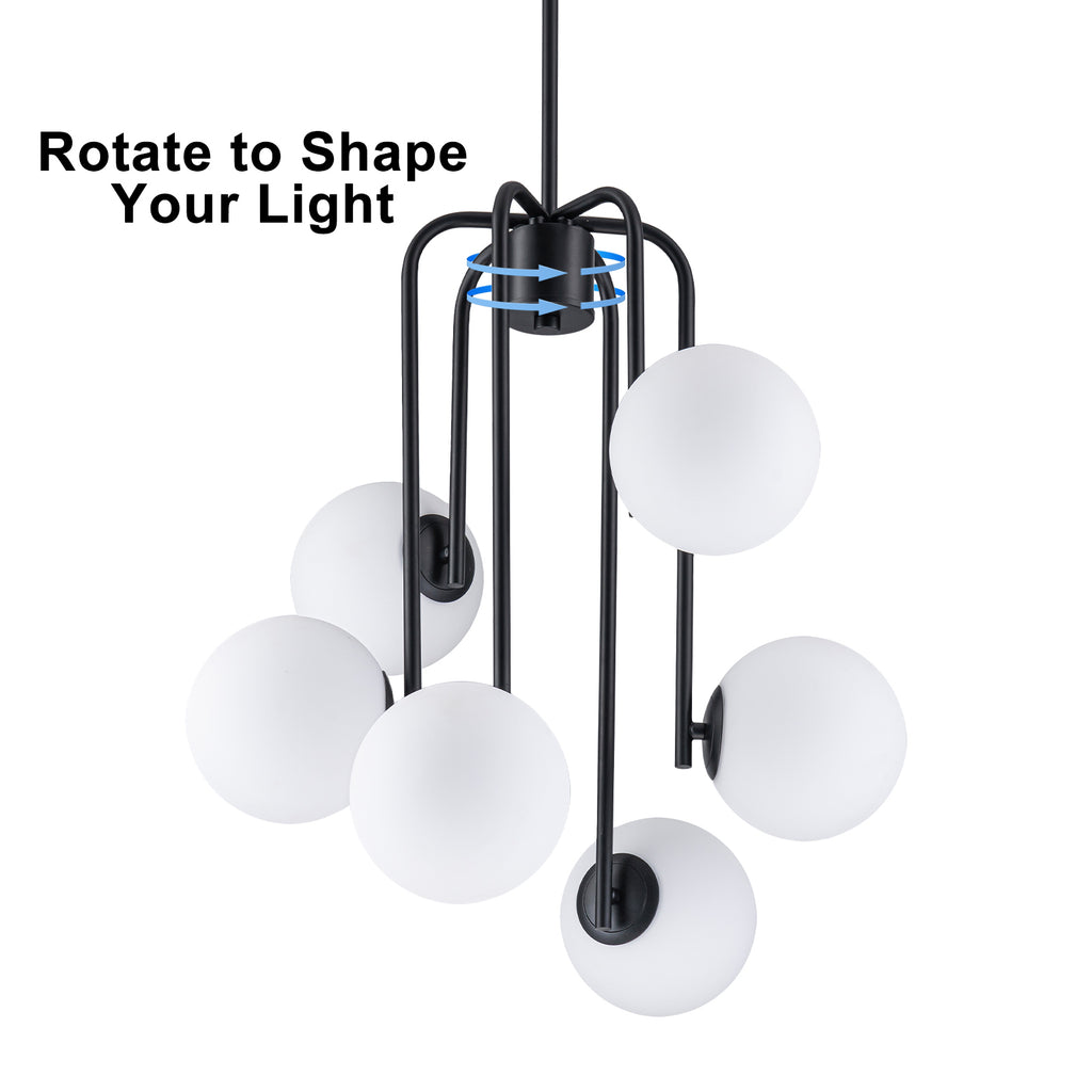 Mid-Century Modern 6-Light Matte Black Chandelier Frosted Glass Globes - product image 9 | Zenvolit