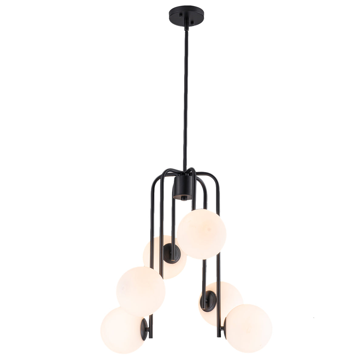 Mid-Century Modern 6-Light Matte Black Chandelier Frosted Glass Globes - product image 11 | Zenvolit