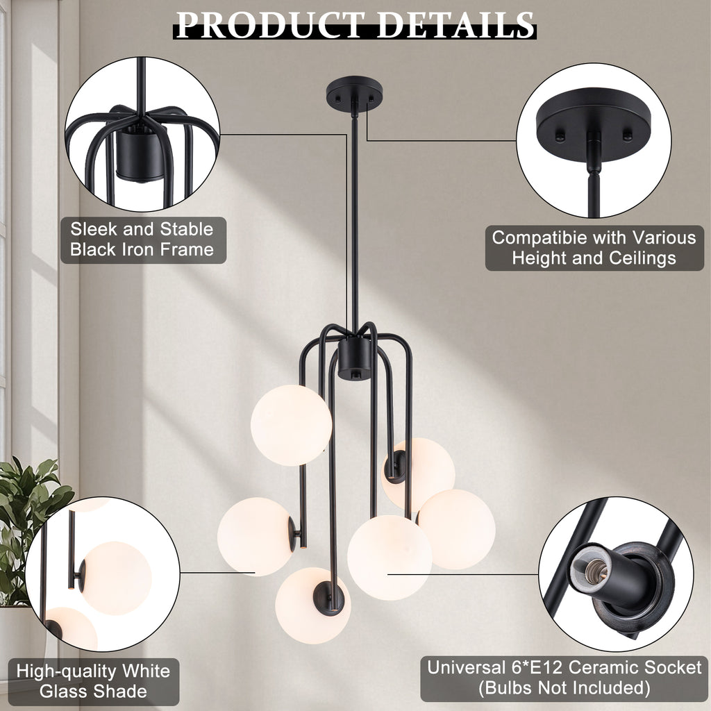 Mid-Century Modern 6-Light Matte Black Chandelier Frosted Glass Globes - product image 14 | Zenvolit