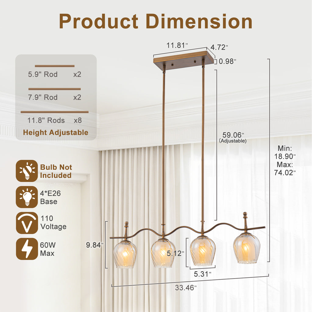 4-Light Linear Pendant Light Glass Shades Dining Kitchen Chandelier - product image 9 | Zenvolit