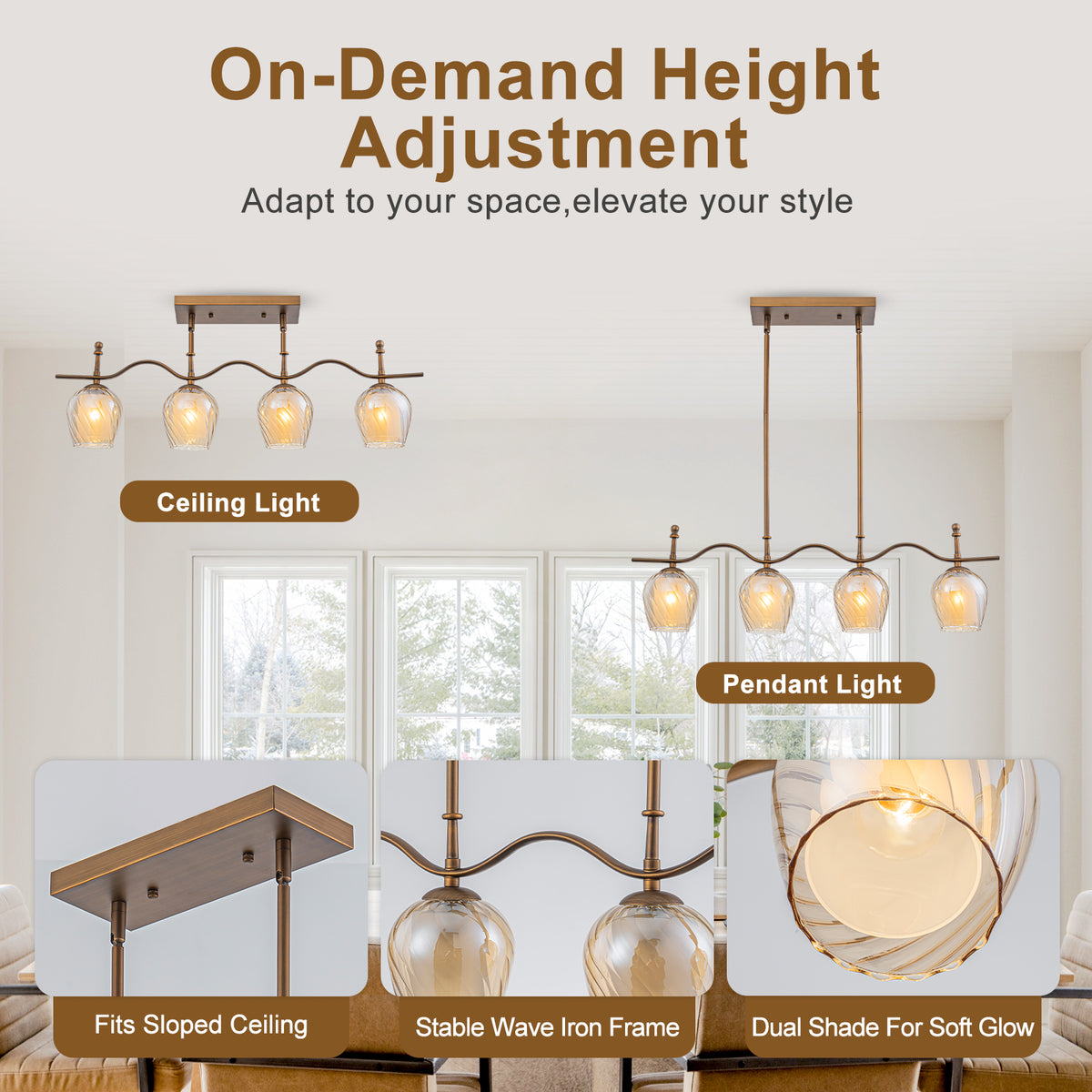 4-Light Linear Pendant Light Glass Shades Dining Kitchen Chandelier - product image 11 | Zenvolit