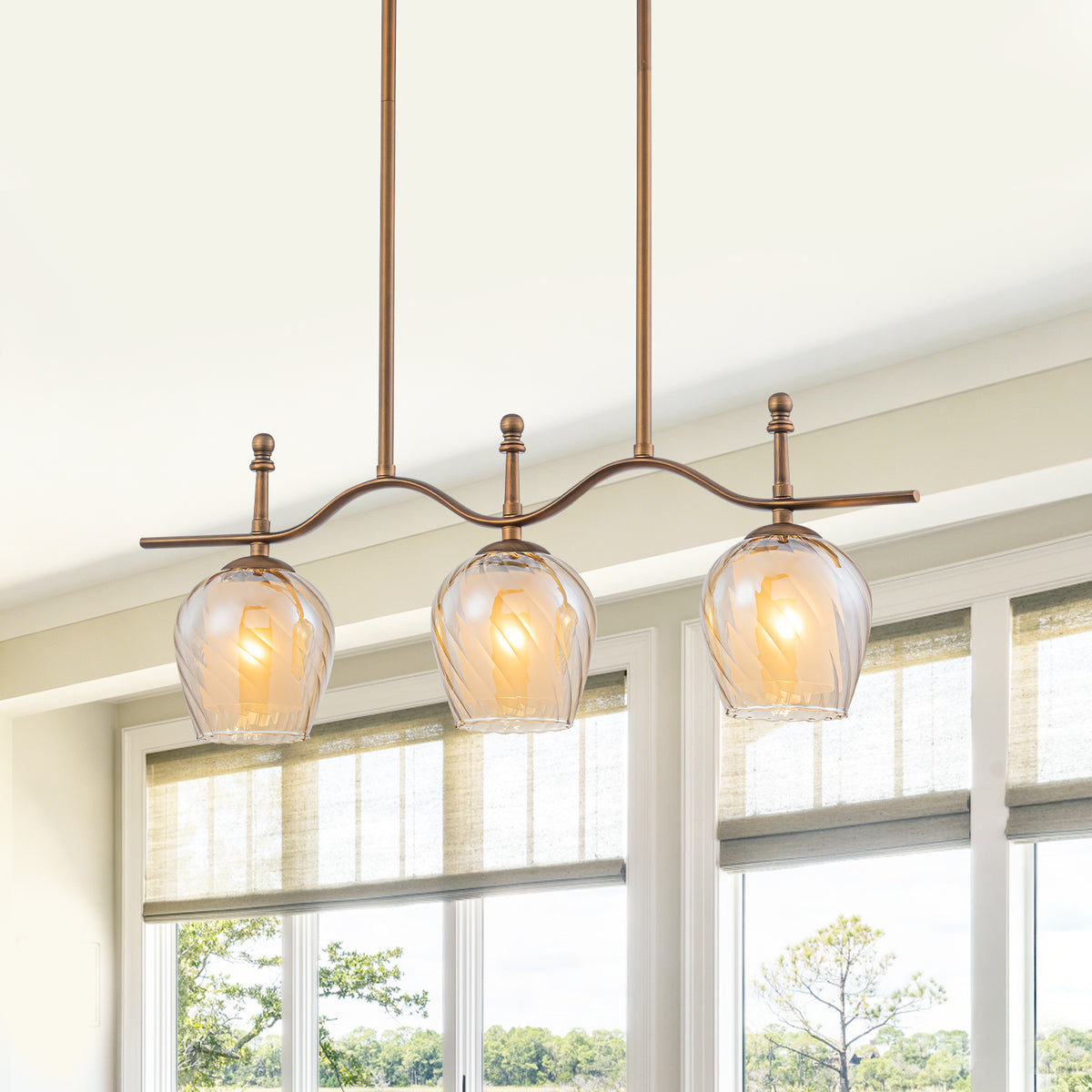 3-Light Linear Pendant Light Glass Shades Dining Kitchen Chandelier - product image 2 | Zenvolit