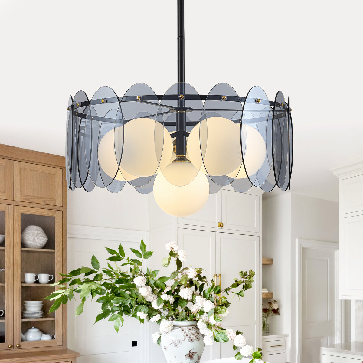 6-Light Modern Drum Semi-Flush Mount Light White Frosted Globe Shades - product image 2 | Zenvolit