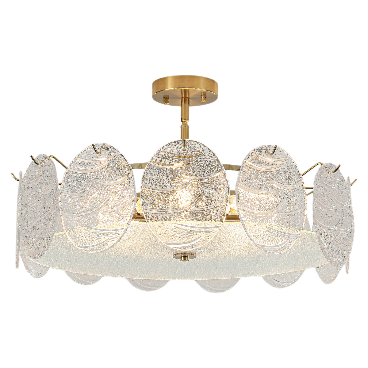 8-Light Modern Brass Drum Semi-Flush Mount Lights Textured Glass Shade - product image 1 | Zenvolit