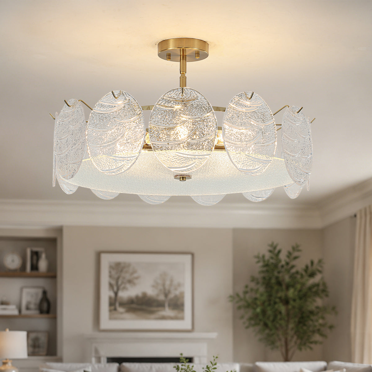 8-Light Modern Brass Drum Semi-Flush Mount Lights Textured Glass Shade - product image 2 | Zenvolit