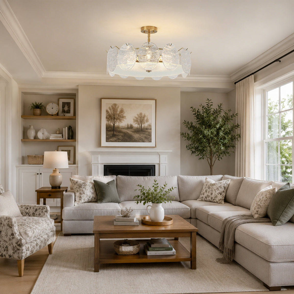 8-Light Modern Brass Drum Semi-Flush Mount Lights Textured Glass Shade - product image 3 | Zenvolit