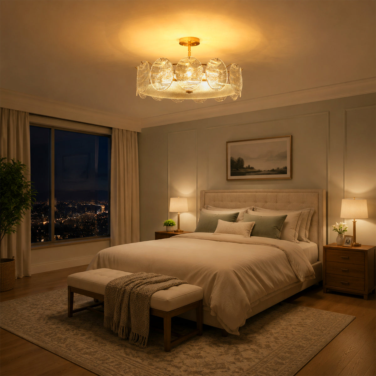 8-Light Modern Brass Drum Semi-Flush Mount Lights Textured Glass Shade - product image 4 | Zenvolit