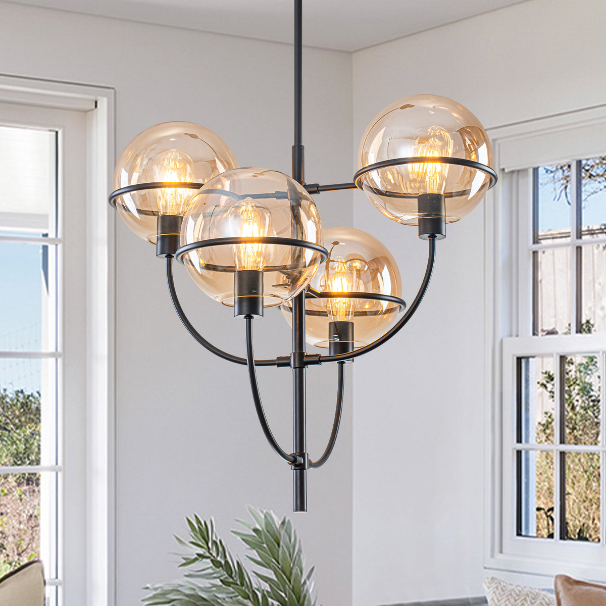 4-Light Industrial Matte Black Chandelier Amber Glass Globes Rustic - product image 1 | Zenvolit