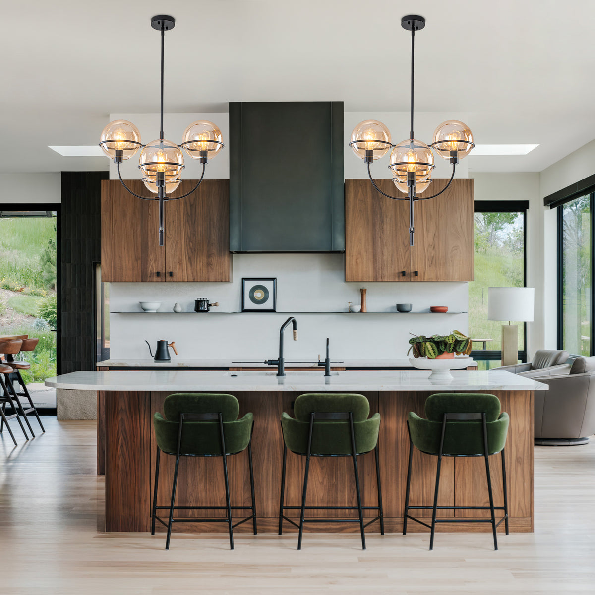 4-Light Industrial Matte Black Chandelier Amber Glass Globes Rustic - product image 4 | Zenvolit