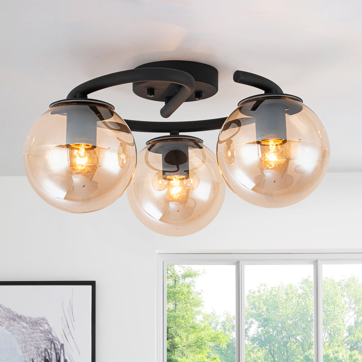 3 Light Matte Black Flush Mount Lighting Industrial Modern with Amber Glass Globes for Bedroom Hallway - product image 1 | Zenvolit