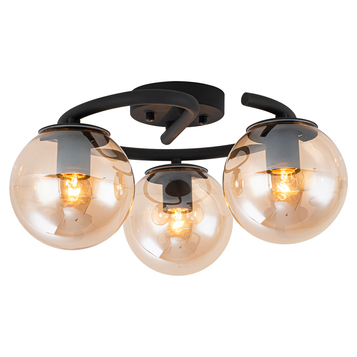 3 Light Matte Black Flush Mount Lighting Industrial Modern with Amber Glass Globes for Bedroom Hallway