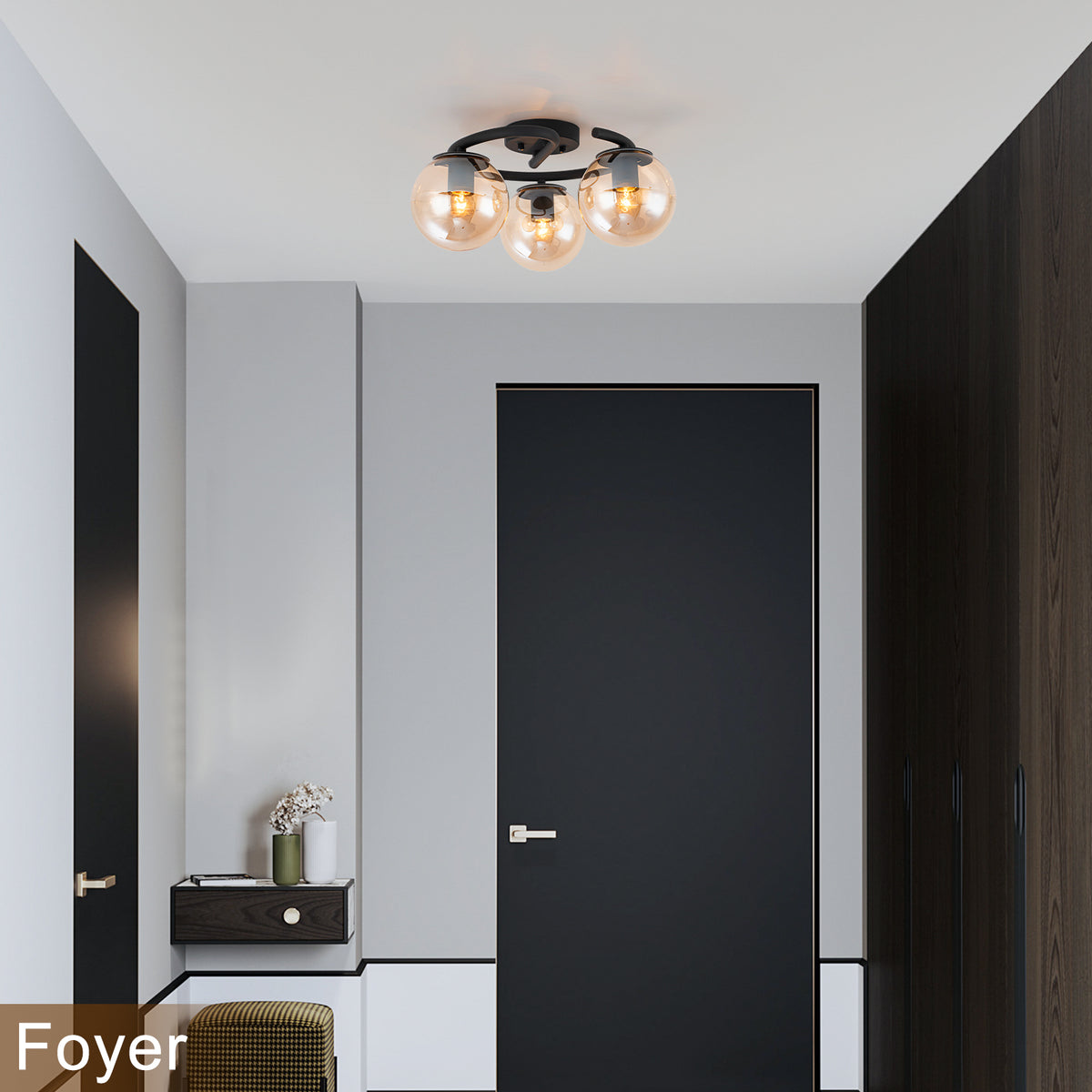 3 Light Matte Black Flush Mount Lighting Industrial Modern with Amber Glass Globes for Bedroom Hallway
