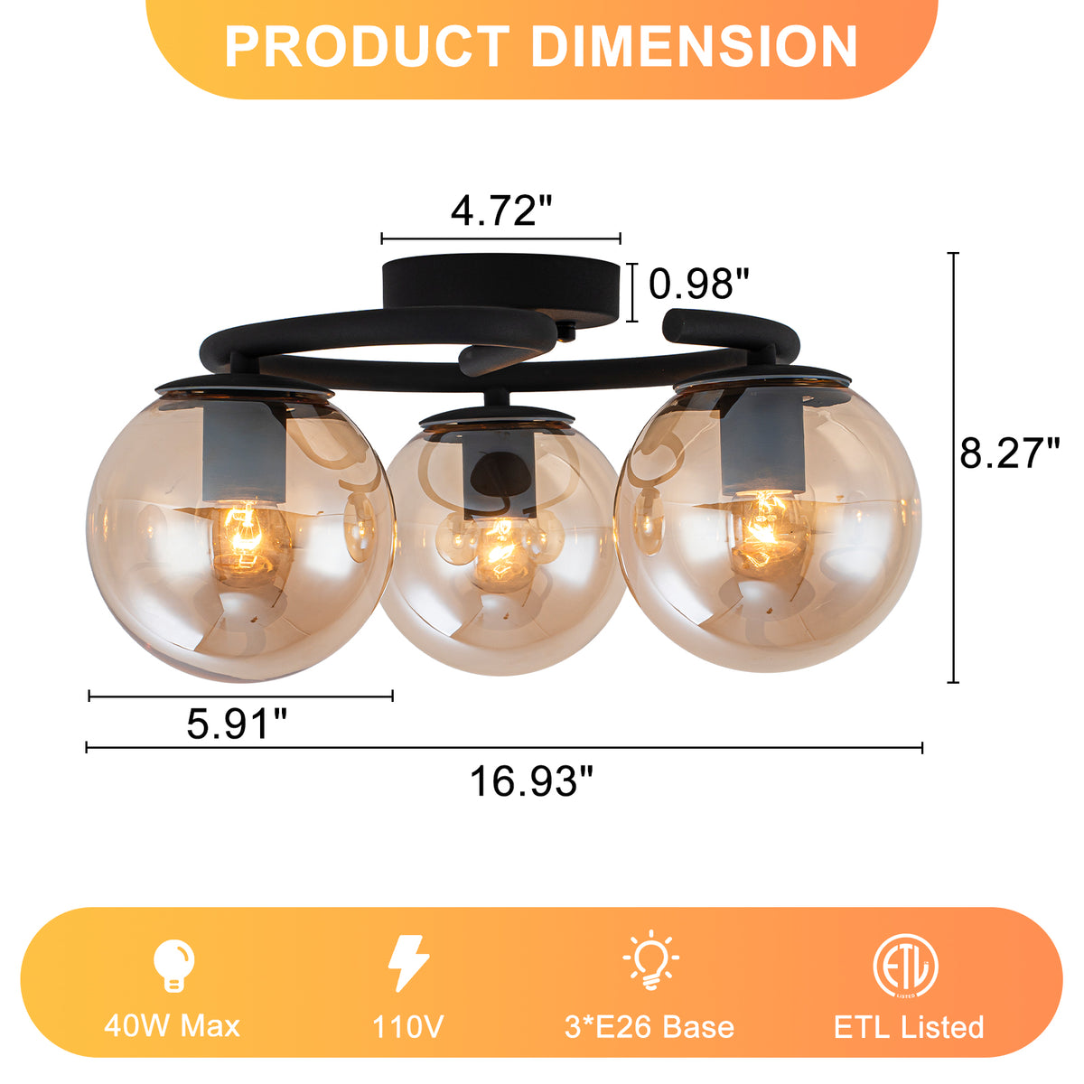 3 Light Matte Black Flush Mount Lighting Industrial Modern with Amber Glass Globes for Bedroom Hallway